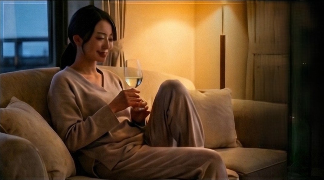 ソファでくつろぐ女性